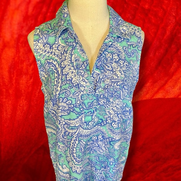 Cynthia Rowley 100% Linen Collared Sleeveless Pullover Dress in Mint Paisley 8 - Picture 3 of 12